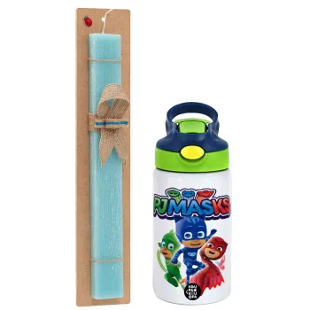 PJ masks, Πασχαλινή Λαμπάδα με Παιδικό παγούρι θερμό, ανοξείδωτο, με καλαμάκι ασφαλείας, πράσινο/μπλε (350ml) & κερί αρωματικό πλακέ (30cm) (ΤΙΡΚΟΥΑΖ)