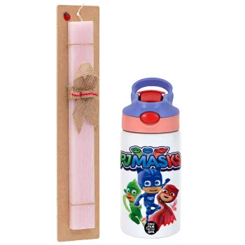 PJ masks, Easter Set, Children's thermal stainless steel water bottle with safety straw, pink/purple (350ml) & Easter scented flat candle (30cm) (PINK)