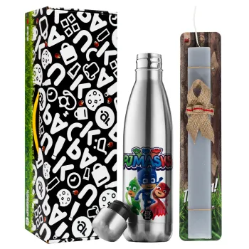 PJ masks, Easter Set, metallic stainless thermos flask (500ml) & scented flat Easter candle (30cm) (GRAY)