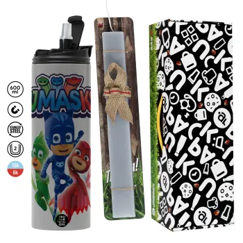 PJ masks, Πασχαλινή Λαμπάδα με Travel Tumbler θερμό (600ml, BPA free) & κερί αρωματικό πλακέ (30cm) (ΓΚΡΙ)