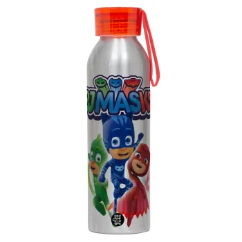 PJ masks, Αλουμινένιο Αθλητικό Μπουκάλι 650ml – Ασημί με Κόκκινο Καπάκι και Λουράκι Σιλικόνης