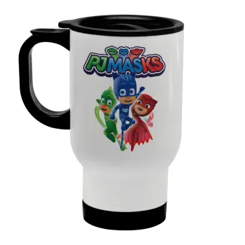 PJ masks, Κούπα ταξιδιού ανοξείδωτη με καπάκι, διπλού τοιχώματος (θερμό) λευκή 450ml
