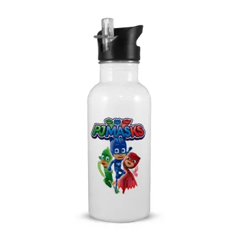 PJ masks, White water bottle with straw, stainless steel 600ml