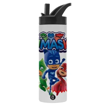 PJ masks, Metallic thermos bottle with straw & handle, stainless steel (Stainless steel 304), double-walled, 600ml.