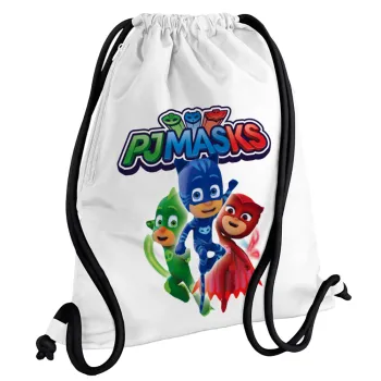 PJ masks, Backpack pouch GYMBAG white, with pocket (40x48cm) & thick cords
