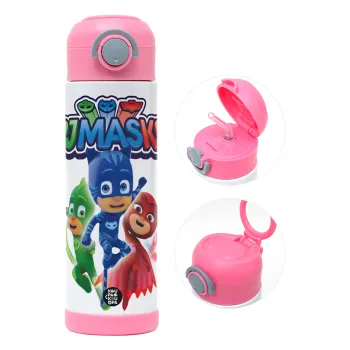 PJ masks, Παιδικό παγούρι θερμό, ανοξείδωτο, με καλαμάκι ασφαλείας, ΡΟΖ (500ml)