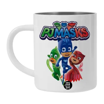 PJ masks, Λευκή Ανοξείδωτη Μεταλλική Κούπα 450ml - Διπλού Τοιχώματος 