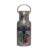 Stainless steel metallic thermos flask, silver with a bamboo lid, double-walled, 350ml.