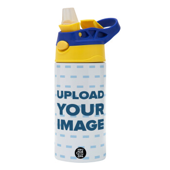Upload your logo, Children's hot water bottle, stainless steel, with safety straw, green, blue (360ml) BPA FREE