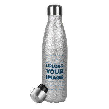 Upload your logo, Metallic Glitter Silver Thermos Flask (Stainless steel), double-walled, 500ml