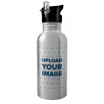 Upload your logo, Water bottle Silver with straw, stainless steel 600ml
