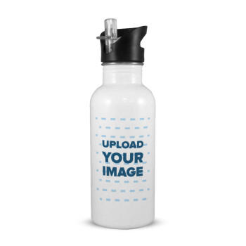 Upload your logo, White water bottle with straw, stainless steel 600ml