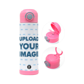 Upload your logo, Children's hot water bottle, stainless steel, with safety straw, PINK (500ml)