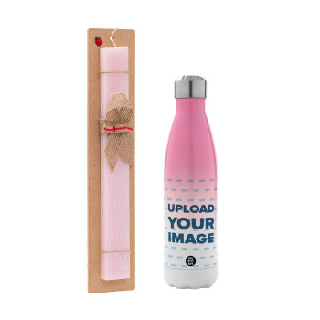Upload your logo, Easter Set, Metallic pink/white (Stainless steel) thermos, double-walled, 500ml & aromatic flat Easter candle (30cm) (PINK)