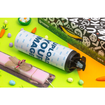 Upload your logo, Easter candle,Travel Tumbler 2 Lids, with metal straw & cleaning brush & aromatic flat candle (30cm) (PINK)