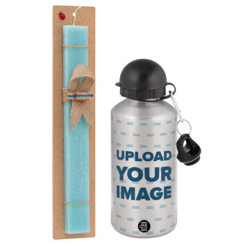 Upload your logo, Easter Set, metallic silver aluminum water bottle (500ml) & scented flat Easter candle (30cm) (TURQUOISE)