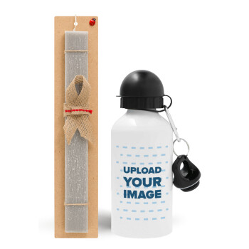 Upload your logo, Easter Set, metallic aluminum water bottle (500ml) & aromatic flat Easter candle (30cm) (GRAY)