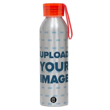 Το δικό σου σχέδιο, Αλουμινένιο Αθλητικό Μπουκάλι 650ml – Ασημί με Κόκκινο Καπάκι και Λουράκι Σιλικόνης
