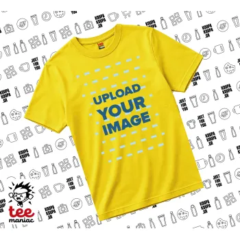 Upload your logo, yellow childrens T-Shirt made of 100% cotton, for every day. Vegan & OEKO-TEX certified.