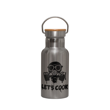 Let's cook mask, Μεταλλικό παγούρι θερμός (Stainless steel) Ασημένιο με ξύλινο καπακι (bamboo), διπλού τοιχώματος, 350ml