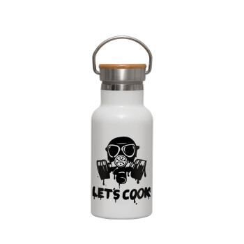 Let's cook mask, Μεταλλικό παγούρι θερμός (Stainless steel) Λευκό με ξύλινο καπακι (bamboo), διπλού τοιχώματος, 350ml