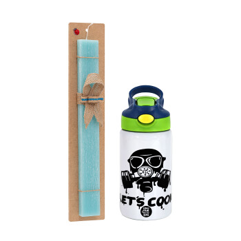 Let's cook mask, Easter Set, Children's thermal stainless steel bottle with safety straw, green/blue (350ml) & aromatic flat Easter candle (30cm) (TURQUOISE)