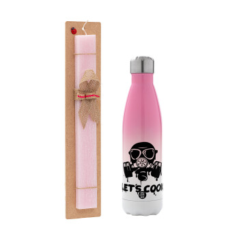 Let's cook mask, Easter Set, Metallic pink/white (Stainless steel) thermos, double-walled, 500ml & aromatic flat Easter candle (30cm) (PINK)