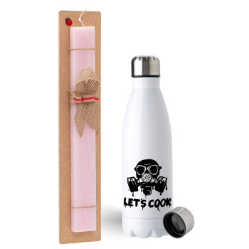 Let's cook mask, Easter Set, metallic stainless steel water bottle (750ml) & scented flat Easter candle (30cm) (PINK)