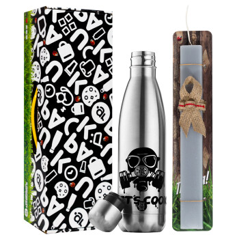 Let's cook mask, Easter Set, metallic stainless thermos flask (500ml) & scented flat Easter candle (30cm) (GRAY)