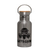 Stainless steel metallic thermos flask, silver with a bamboo lid, double-walled, 350ml.