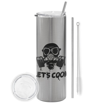 Let's cook mask, Tumbler ποτήρι θερμό Ασημένιο από ανοξείδωτο ατσάλι 600ml, με μεταλλικό καλαμάκι & βούρτσα καθαρισμού
