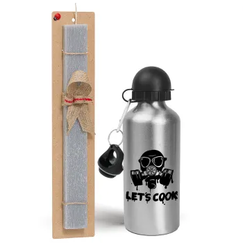 Let's cook mask, Easter Set, metallic silver aluminum water bottle (500ml) & aromatic flat Easter candle (30cm) (GRAY)