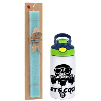 Let's cook mask, Easter Set, Children's thermal stainless steel bottle with safety straw, green/blue (350ml) & aromatic flat Easter candle (30cm) (TURQUOISE)