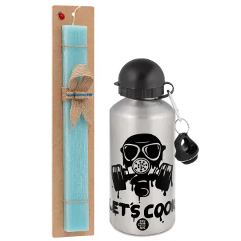 Let's cook mask, Easter Set, metallic silver aluminum water bottle (500ml) & scented flat Easter candle (30cm) (TURQUOISE)