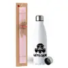 Easter Set, metallic stainless steel water bottle (750ml) & scented flat Easter candle (30cm) (PINK)