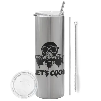 Let's cook mask, Tumbler ποτήρι θερμό Ασημένιο από ανοξείδωτο ατσάλι 600ml, με μεταλλικό καλαμάκι & βούρτσα καθαρισμού