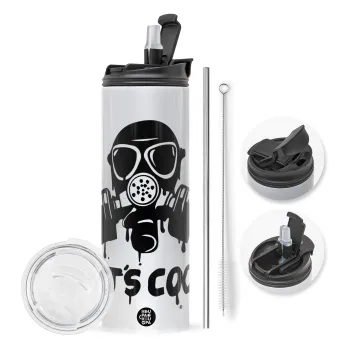 Let's cook mask, Travel Tumbler θερμό με διπλό καπάκι, μεταλλικό καλαμάκι και βούρτσα καθαρισμού (Ανωξείδωτο 304 Food grade, BPA free, 600ml)