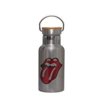 Rolling Stones Kiss, Μεταλλικό παγούρι θερμός (Stainless steel) Ασημένιο με ξύλινο καπακι (bamboo), διπλού τοιχώματος, 350ml
