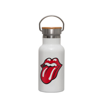 Rolling Stones Kiss, Μεταλλικό παγούρι θερμός (Stainless steel) Λευκό με ξύλινο καπακι (bamboo), διπλού τοιχώματος, 350ml