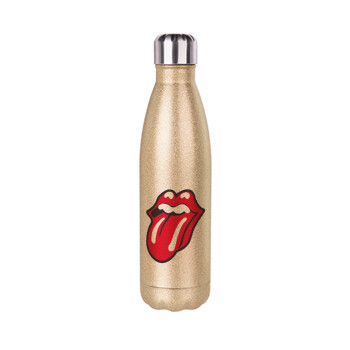 Rolling Stones Kiss, Μεταλλικό παγούρι θερμός Glitter χρυσό (Stainless steel), διπλού τοιχώματος, 500ml