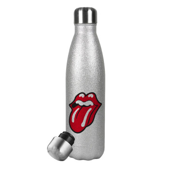Rolling Stones Kiss, Μεταλλικό παγούρι θερμός Glitter Aσημένιο (Stainless steel), διπλού τοιχώματος, 500ml