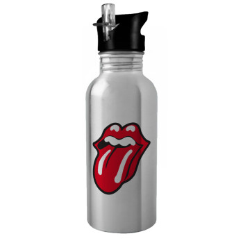 Rolling Stones Kiss, Παγούρι νερού Ασημένιο με καλαμάκι, ανοξείδωτο ατσάλι 600ml