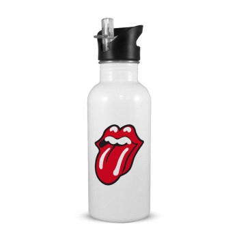 Rolling Stones Kiss, Παγούρι νερού Λευκό με καλαμάκι, ανοξείδωτο ατσάλι 600ml
