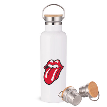 Rolling Stones Kiss, Μεταλλικό παγούρι θερμός (Stainless steel) Λευκό με ξύλινο καπάκι (bamboo), διπλού τοιχώματος, 750ml