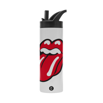 Rolling Stones Kiss, Μεταλλικό παγούρι θερμός με καλαμάκι & χειρολαβή, ανοξείδωτο ατσάλι (Stainless steel 304), διπλού τοιχώματος, 600ml