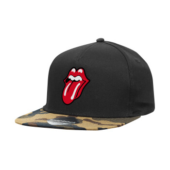 Rolling Stones Kiss, Adult Flat Snapback Hat Black/Camouflage, (100% COTTON TWILL, ADULT, UNISEX, ONE SIZE)
