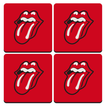 Rolling Stones Kiss, ΣΕΤ 4 Σουβέρ ξύλινα τετράγωνα (9cm)