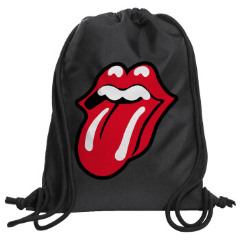 Rolling Stones Kiss, Τσάντα πλάτης πουγκί GYMBAG Μαύρη, με τσέπη (40x48cm) & χονδρά κορδόνια