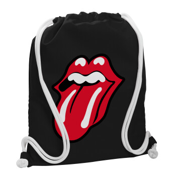 Rolling Stones Kiss, Τσάντα πλάτης πουγκί GYMBAG Μαύρη, με τσέπη (40x48cm) & χονδρά λευκά κορδόνια