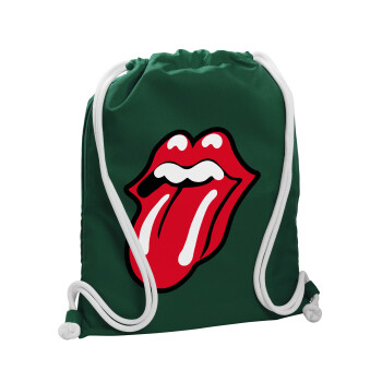 Rolling Stones Kiss, Τσάντα πλάτης πουγκί GYMBAG BOTTLE GREEN, με τσέπη (40x48cm) & χονδρά λευκά κορδόνια